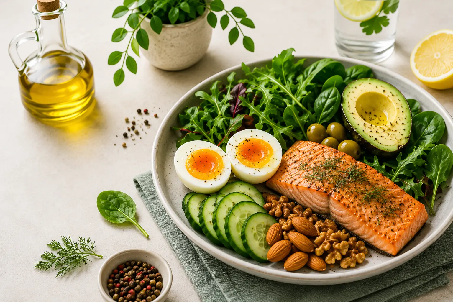 Low-carb meal with salmon, avocado, eggs and fresh vegetables